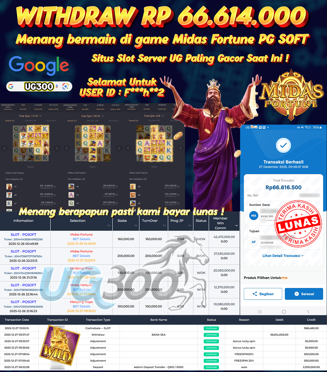 UG300 BERMAIN DI MIDAS FORTUNE PG SOFT JACKPOT Rp.66,614,000- DI BAYAR TUNTAS